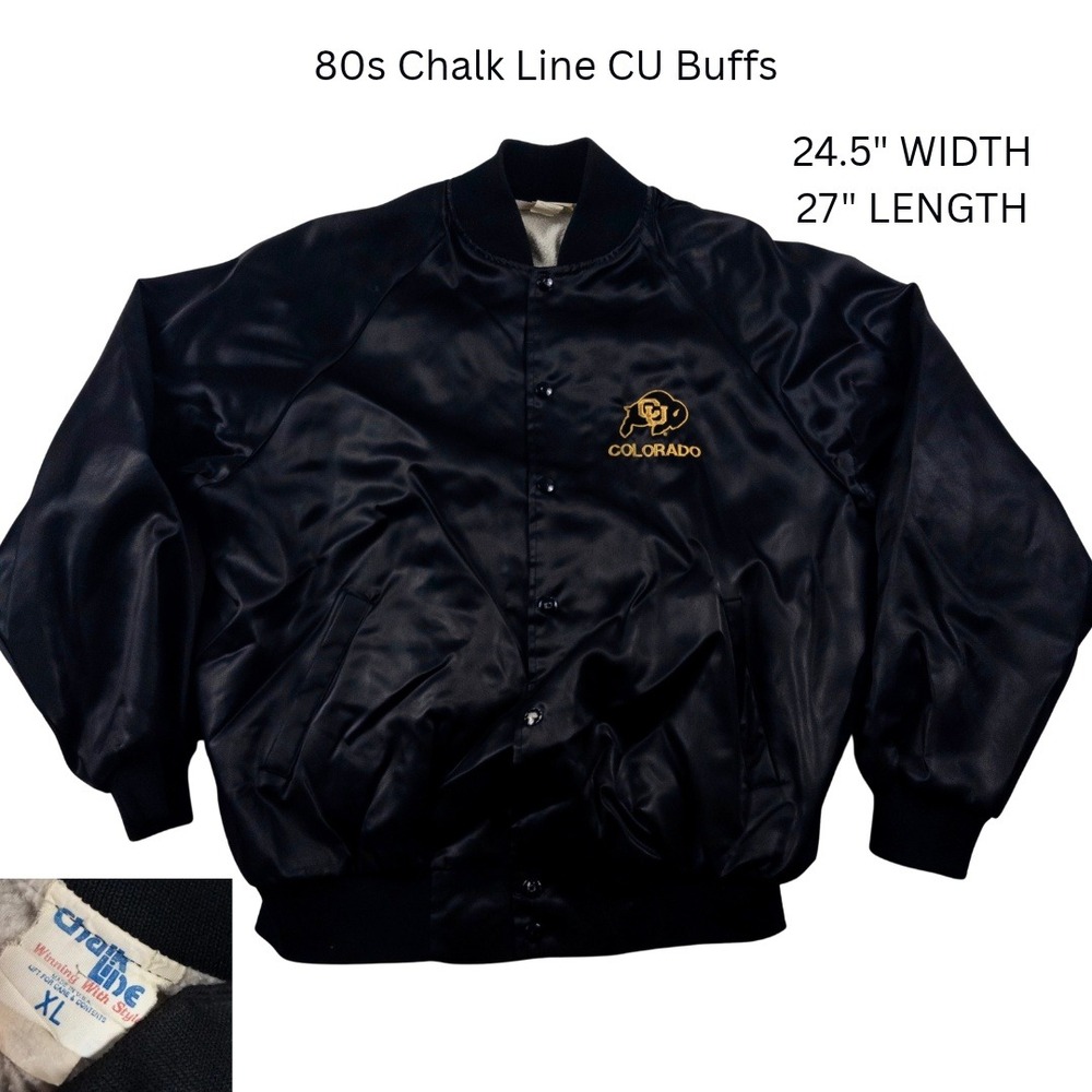 Vintage 80s Colorado CU Buffs Chalk Line Satin Bomber Jacket Mens XL Black Snap